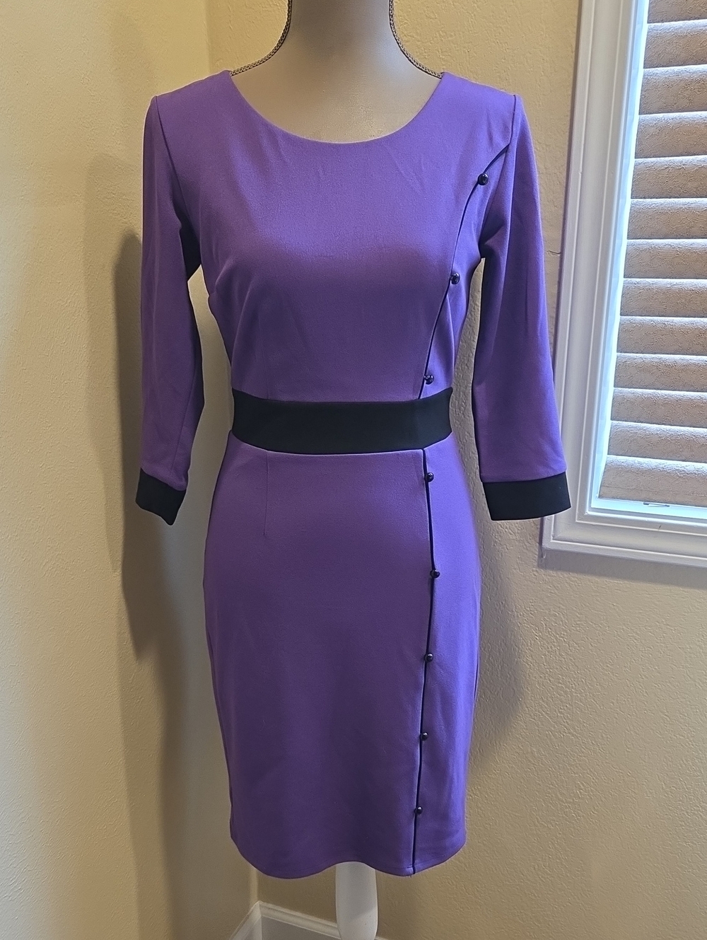 New York & Company Purple Sheath Dress with Black Waistband and Cuffs